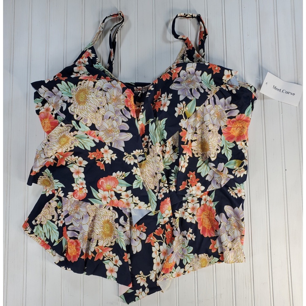Meet Curve Plus Size Wireless Ruffle Tikini Top New With Tags 4XL Floral Adjust